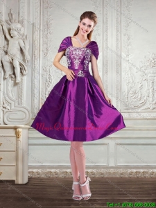 Discount Purple Strapless Embroidery and Beading Dama Dresses with Cap Sleeves