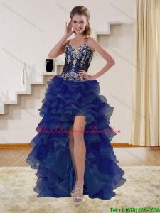 New Arrival High Low Navy Blue Sweetheart Dama Dresses with Ruffles and Appliques