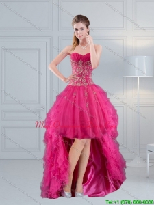 New Arrival High Low Sweetheart Hot Pink 2015 Dama Dress with Appliques