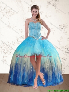 Discount 2015 Baby Blue Sweetheart Multi Color Dama Dresses with Ruffles and Beading