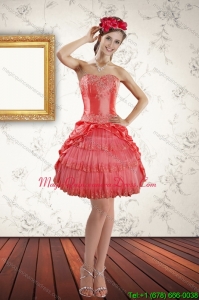 2015 New Arrival Strapless Coral Red Dama Dresses with Ruffled Layers