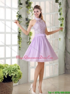 Luxurious High Neck Lilac A Line Lace Dama Dress for 2015