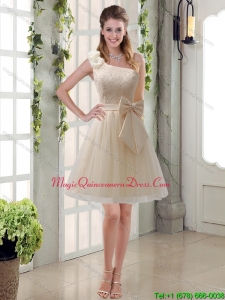 2015 Affordable Princess One Shoulder Bowknot Lace Dama Dresses in Champagne