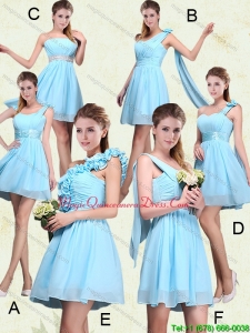 Affordable 2015 Ruching Aqua Blue Dama Dresses with Mini Length