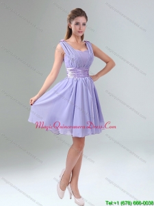 Affordable Straps Lavender Ruching Mini Length Dama Dresses with Waistband