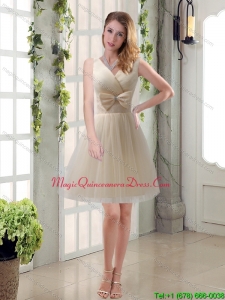 New Arrival Champagne Bowknot Princess Dama Dresses with V Neck