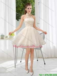 New Arrival Halter Appliques Lace Up Dama Dresses in Champagne