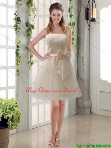 Discount Champagne Strapless Princess Bowknot Dama Dresses for 2015