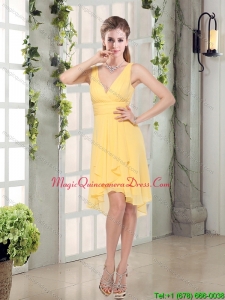 Discount V Neck Yellow Dama Dresses Mini Length for Spring