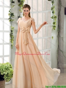 Discount Scoop Ruching Cap Sleeves Chiffon Dama Dresses in Champagne