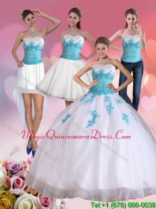 2015 Detachable Strapless Beading and Appliques Quinceanera Dress in White and Blue