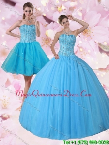2015 Gorgeous Detachable Baby Blue Strapless Quinceanera Dress with Beading