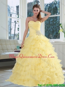 2015 Yellow Sweetheart Quinceanera Dress with Beading and Ruffled Layers