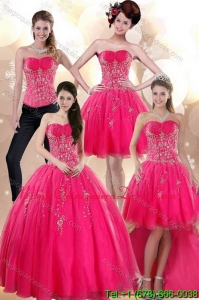 2015 Detachable Strapless Hot Pink Dresses for Quince with Appliques