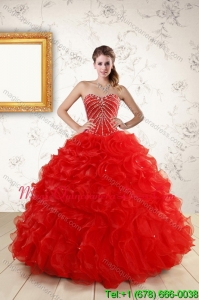 2015 New Style Sweetheart Red Quince Dresses With Beading and Ruffles