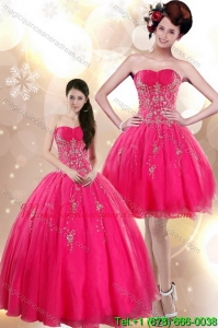 Beautiful Strapless Floor Length Quince Dresses with Appliques in Hot Pink