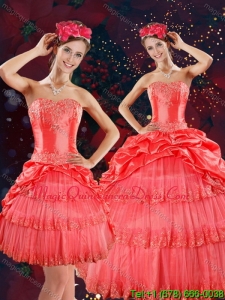 Detachable 2015 Strapless Quinceanera Dresses with Beading and Pick Ups in Coral Red