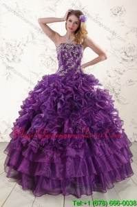 Detachable Purple Strapless Appliques and Ruffles Quince Dresses for 2015