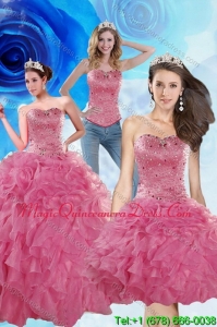 2015 Detachable Coral Red Sweet 16 Dresses with Beading and Ruffles