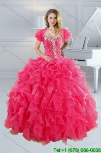 2015 Detachable Hot Pink Quince Dresses with Ruffles and Beading