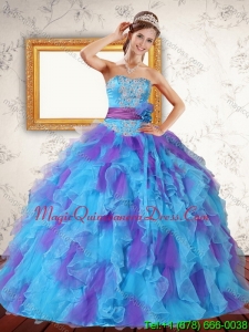 Modern Ruffles and Appliques 2015 Strapless Quinceanera Dress in Multi Color