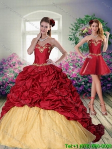 Detachable 2015 Sweetheart Wine Red Brush Train Quinceanera Dress with Beading