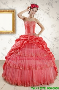 Modern 2015 Strapless Coral Red Quinceanera Dresses with Pick Ups and Beading