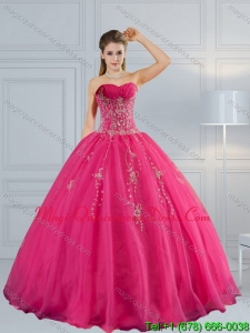 2015 Fashionable Sweetheart Hot Pink Quinceanera Dress with Appliques and Beading