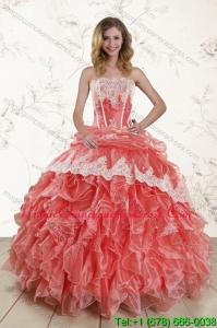 2015 Fashionable Watermelon Strapless Quince Dresses with Appliques and Ruffles
