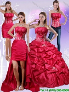 Fashionable 2015 Strapless Red Quinceanera Dress with Appliques and Pick Ups