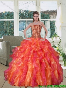 Fashionable Multi Color Strapless Quince Dress with Beading and Ruffles