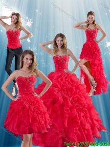 Fashionable Red Strapless Quinceanera Dress with Ruffles and Beading