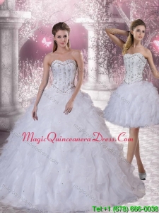 Romantic 2015 Sweetheart White Quinceanera Dress with Ruffles and Beading