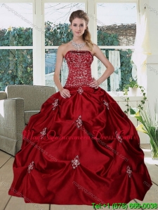 Wine Red Romantic Strapless 2015 Quinceanera Gown with Embroidery and Pick Ups