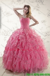 2015 Fashionable Rose Pink Quince Dresses with Paillette and Ruffles