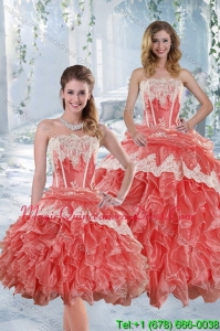 2015 Romantic Strapless Appliques and Ruffles Quinceanera Dresses in Watermelon