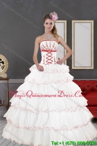2015 Romantic White Quinceanera Dresses with Embroidery and Ruffled Layers