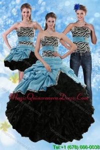 Fashionable Zebra Print Strapless Multi Color Sweet 15 Dresses with Ruffles and Pick Ups