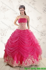 Romantic 2015 Strapless Hot Pink Quinceanera Dresses with Beading and Lace