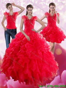 Romantic Red Sweetheart Quince Dresses with Ruffles and Beading for 2015