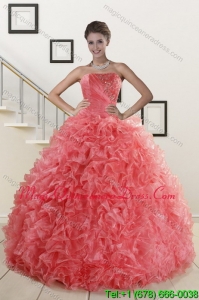 2015 Popular Watermelon Quince Dresses with Beading and Ruffles