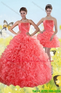 Hot Sale Watermelon Strapless 2015 Quince Dresses with Beading and Ruffles