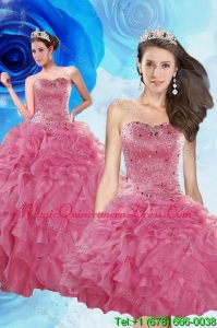 2015 Luxurious Coral Red Quince Dresses with Beading and Ruffles