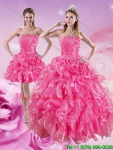 Sturning Hot Pink Quince Dresses with Beading and Ruffles for 2015