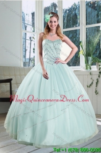 2015 Puffy Apple Green Strapless Sweet 15 Dresses with Beading