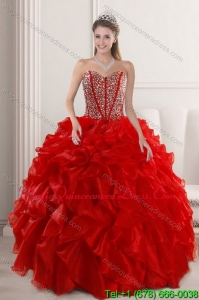 2015 Puffy Red Quinceanera Dresses with Beading and Ruffles