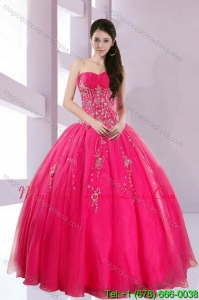 2015 Puffy Strapless Hot Pink Quince Dresses with Appliques