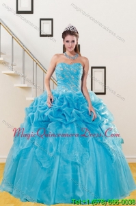 2015 Puffy Teal Quince Gown with Appliques and Pick Ups