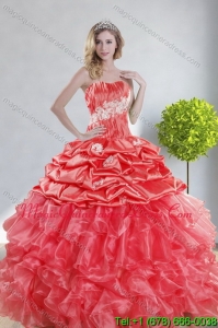 2015 Puffy Watermelon Red Quince Dresses with Appliques and Ruffles