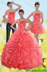 2015 Puffy Watermelon Sweet 15 Dresses with Beading and Ruffles